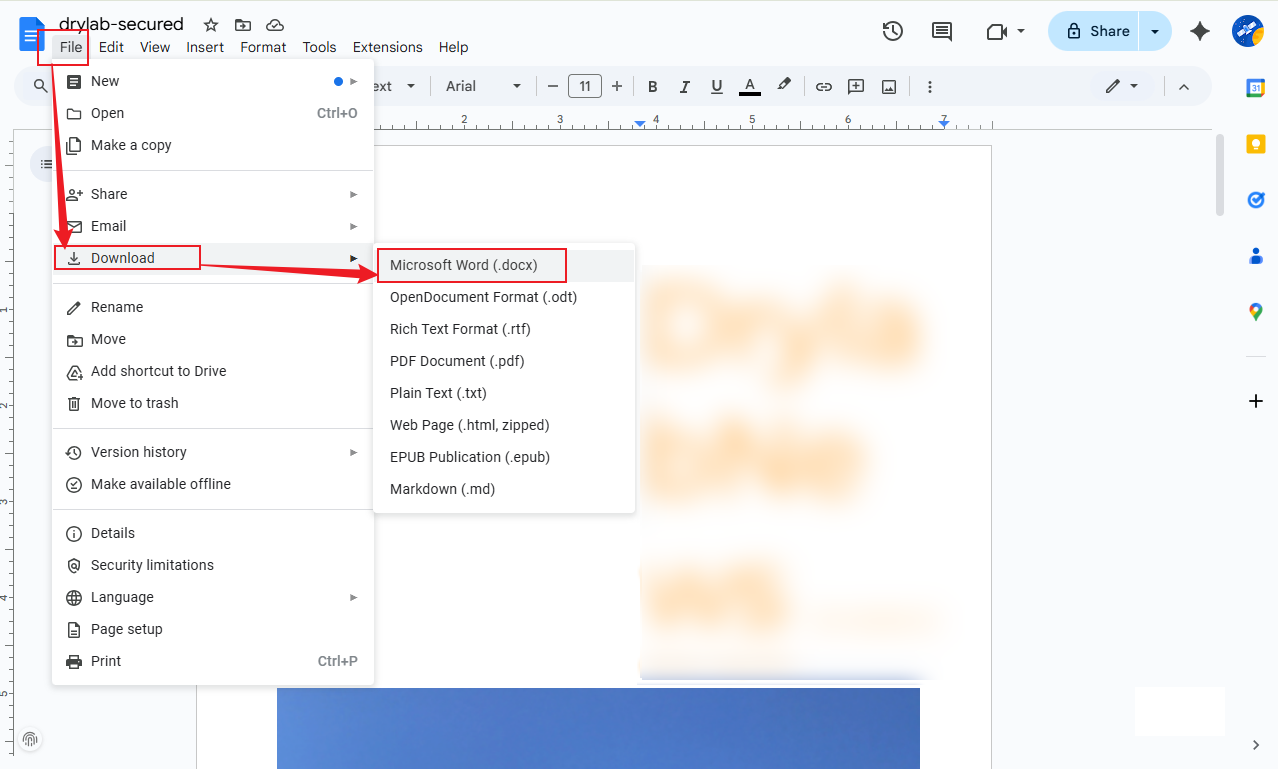 Go to File to choose Download and select to save the file in Microsoft Word (.docx) in Google Docs