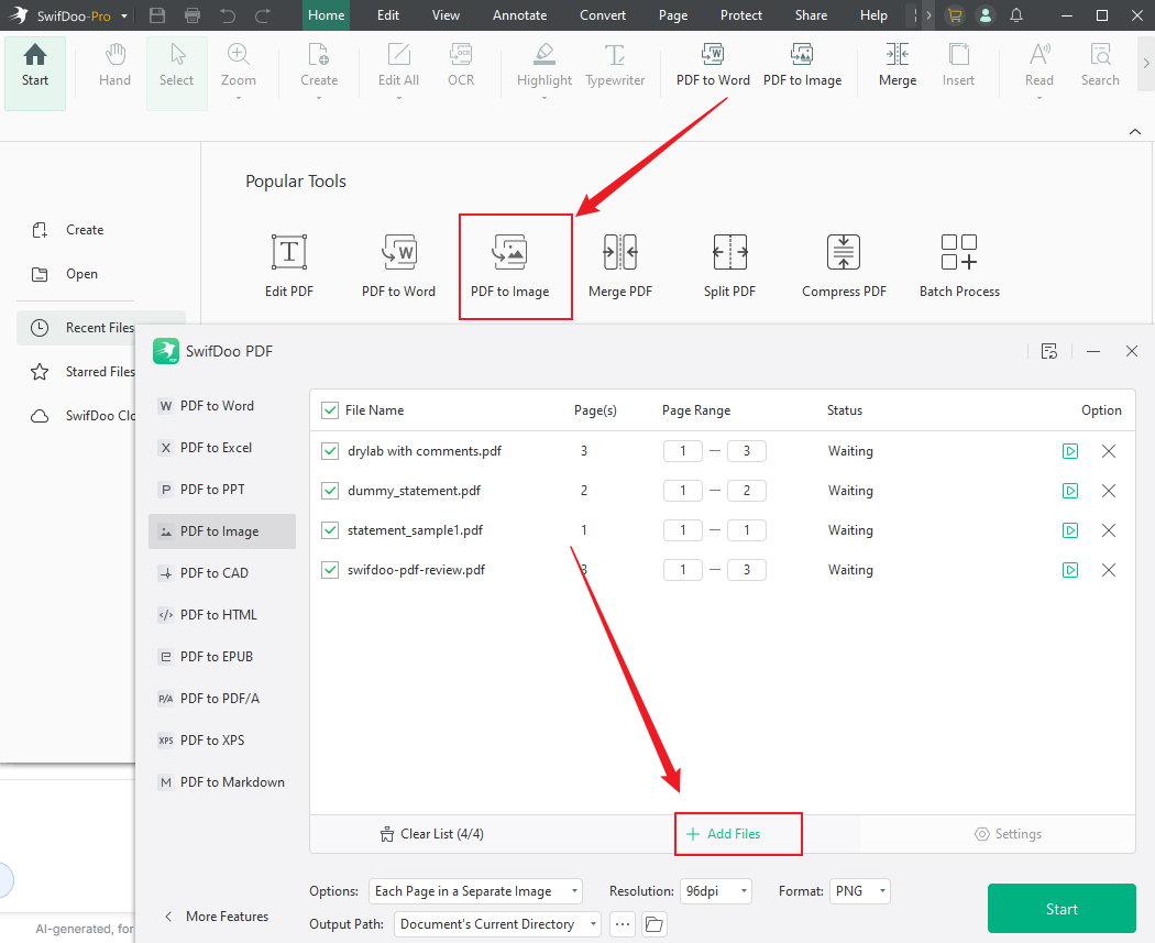 Click the PDF to Image option and click Add Files to upload your PDF into SwifDoo PDF