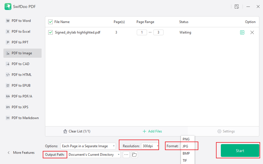 Customize the PDF to JPG conversion settings in SwifDoo PDF