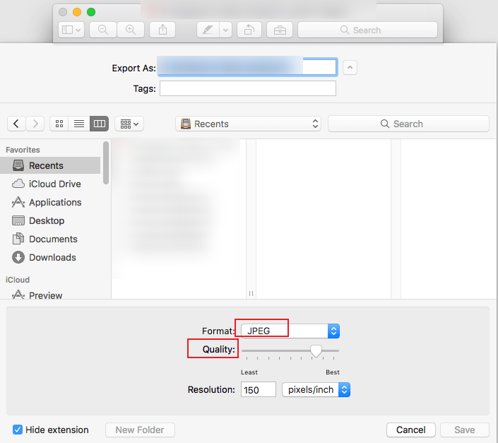 Open the Format list and select JPEG in Preview