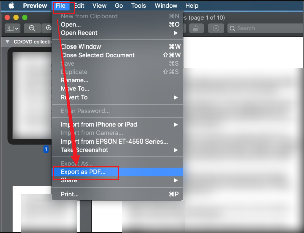 Click File and Select the Export as PDF option in Preview on Mac