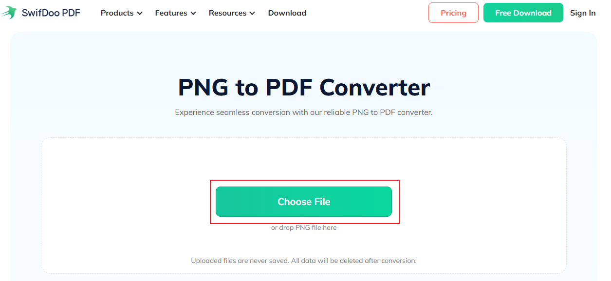 Click Choose File to import your PNG image into SwifDoo PDF Online Converter
