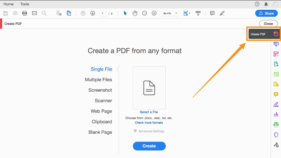 Click Create PDF in Adobe Acrobat