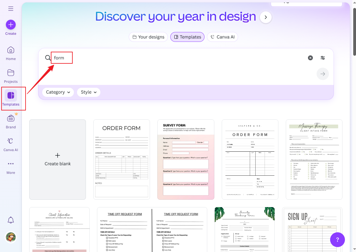 Click Templates and search form in Canva