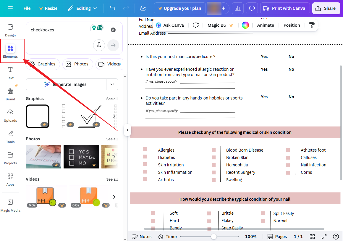 Go to Elements to add the preferred element to the form in Canva