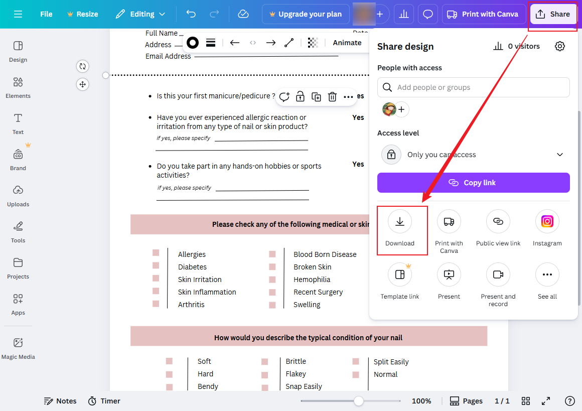 Click the Share button and select the Download option in Canva