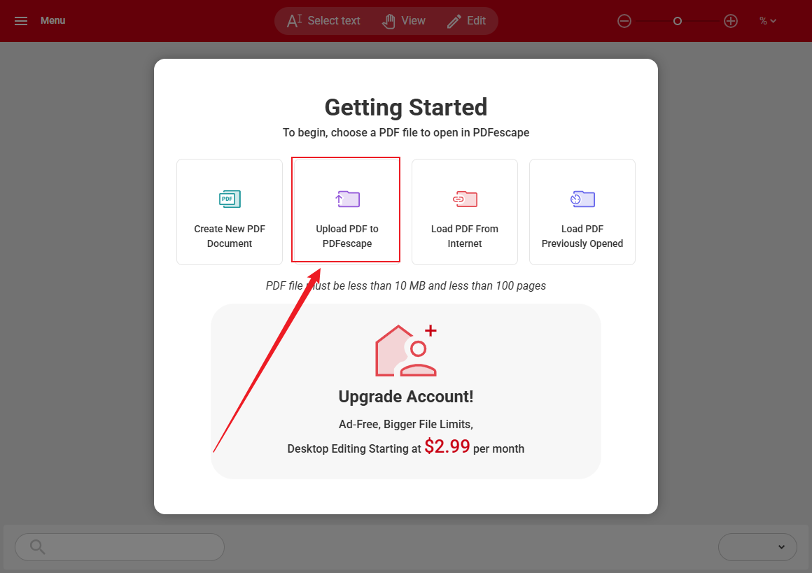 Click the Upload PDF to PDFescape to import your Canva PDF form into PDFescape