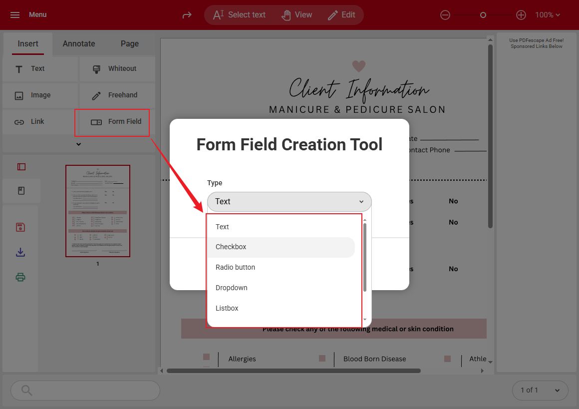 Click the Form Field option to add the needed form field to the Canva PDF form in PDFescape