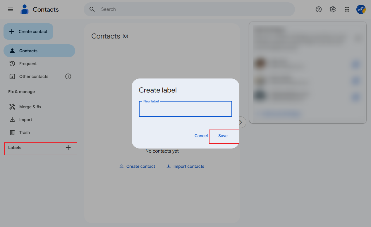 Click the plus icon next to Labels and type in the name in Google Contact