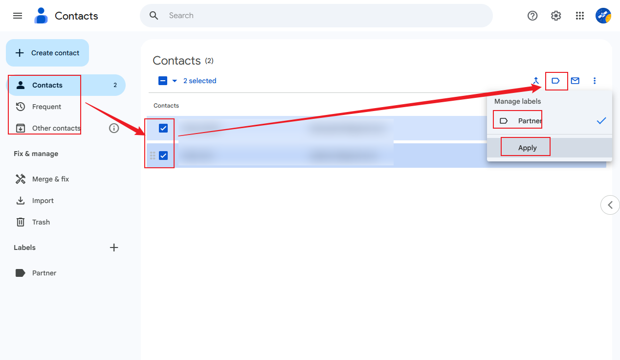 Select the contacts and click the Manage Labels icon in Google Contacts