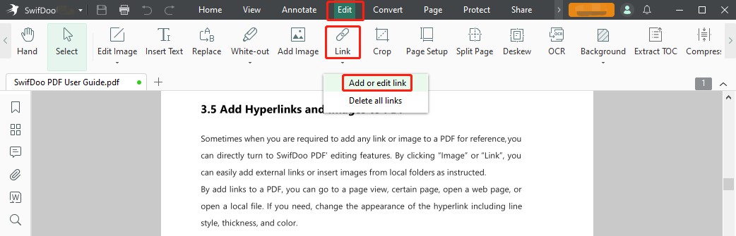 How to create a link to a PDF with SwifDoo PDF step 2