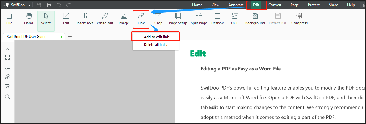 SwifDoo PDF で PDF へのリンクを作成する方法 ステップ 2