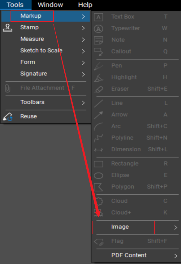 Click Tool and select the Image option from the Markup list in Bluebeam