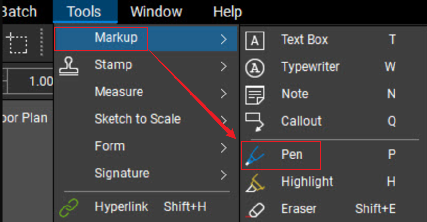 Click Tools and select Pen from the Markup list in Bluebeam
