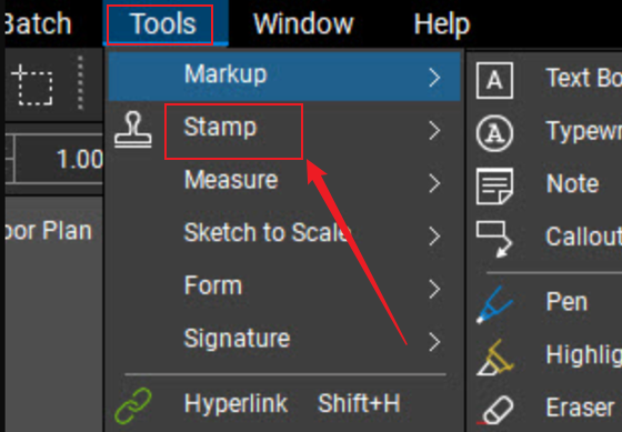 Click Tools and select Stamp in Bluebeam