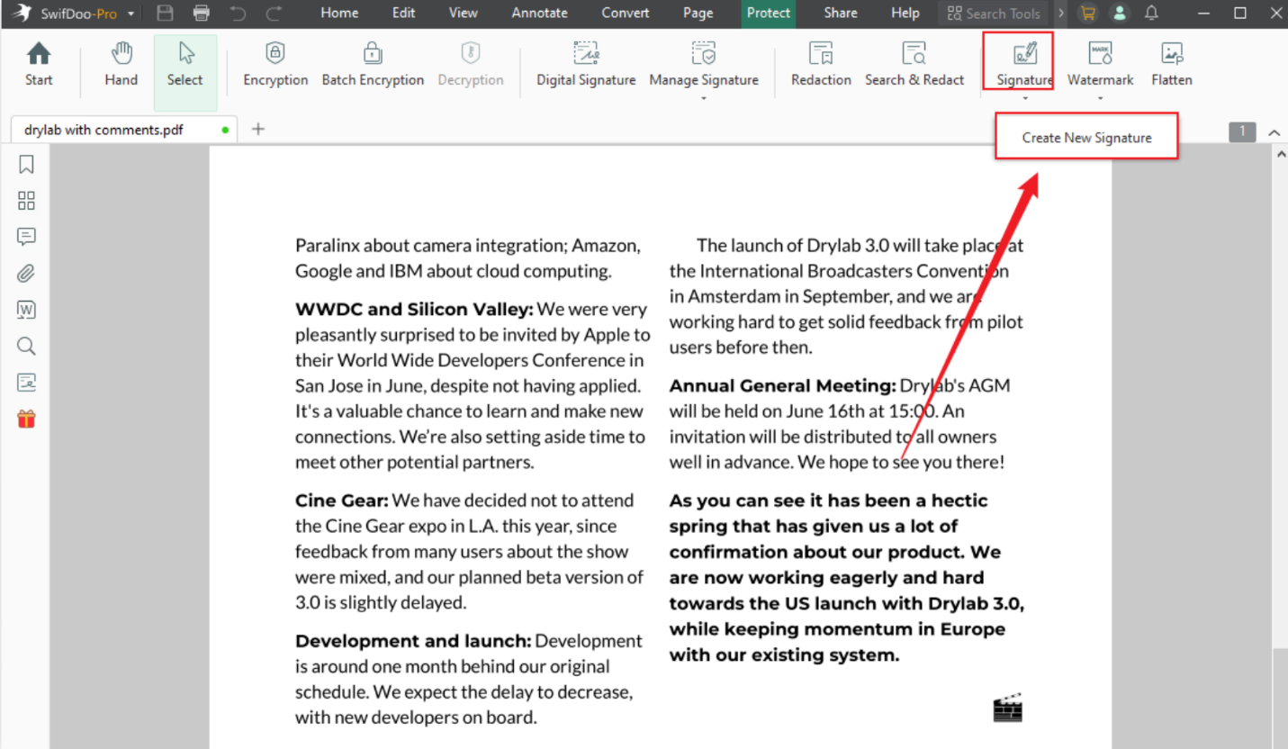 Go to Protect and click Signature to select Create New Signature in SwifDoo PDF