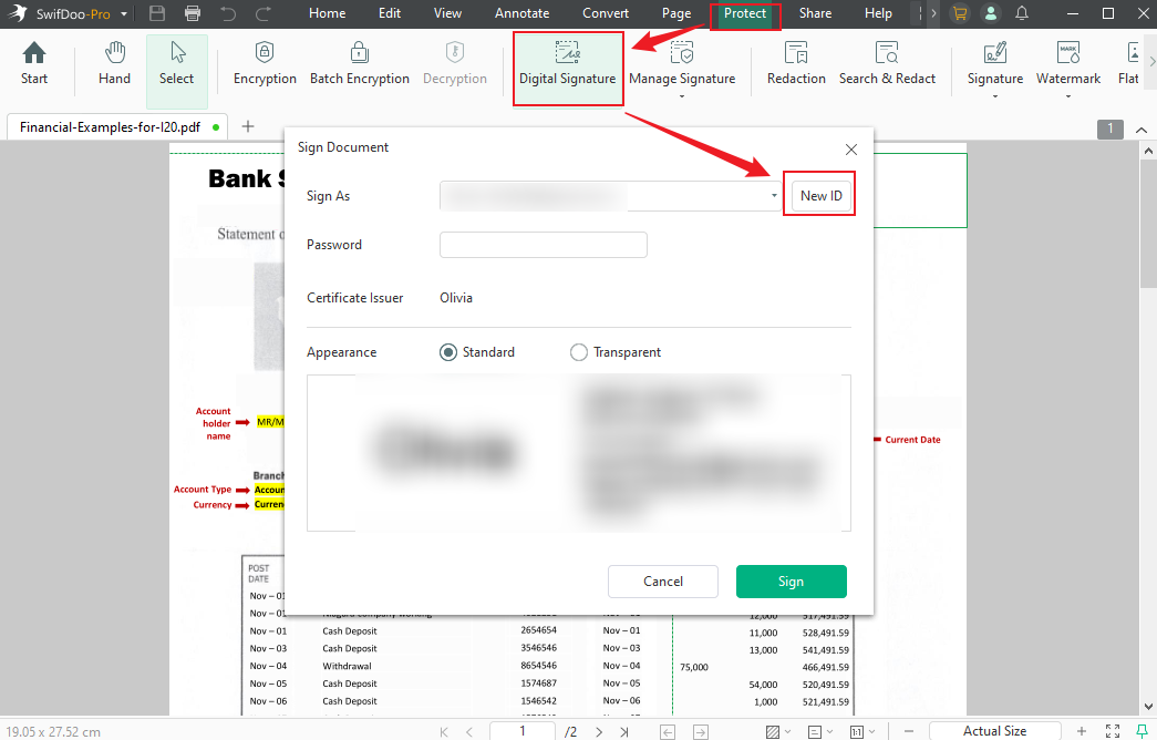 Go to Protect, click Digital Signature, and click New ID to create a new digital signature in SwifDoo PDF