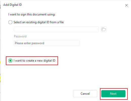 Select “I want to create a new digital ID” to create a digital signature in SwifDoo PDF
