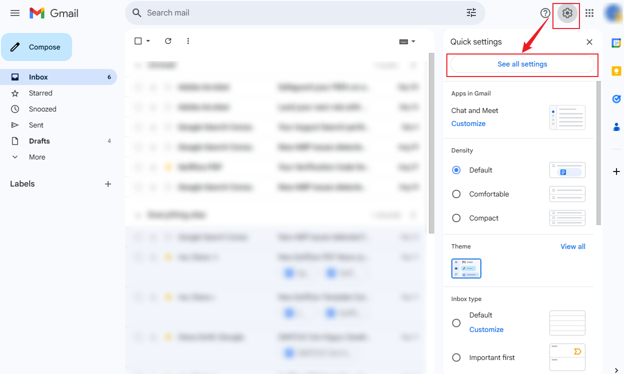 Click the Settings icon in Gmail and click the See all settings button