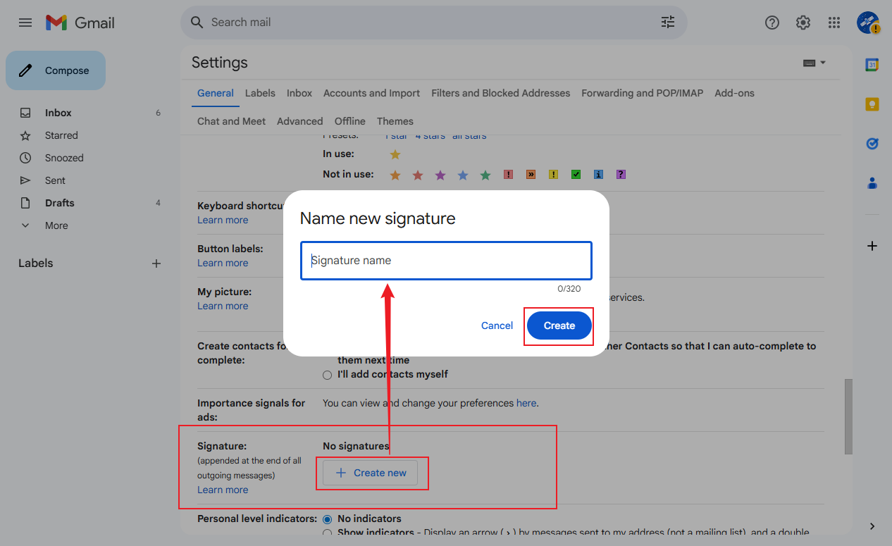 Click Create new and type in your name for the Gmail signature