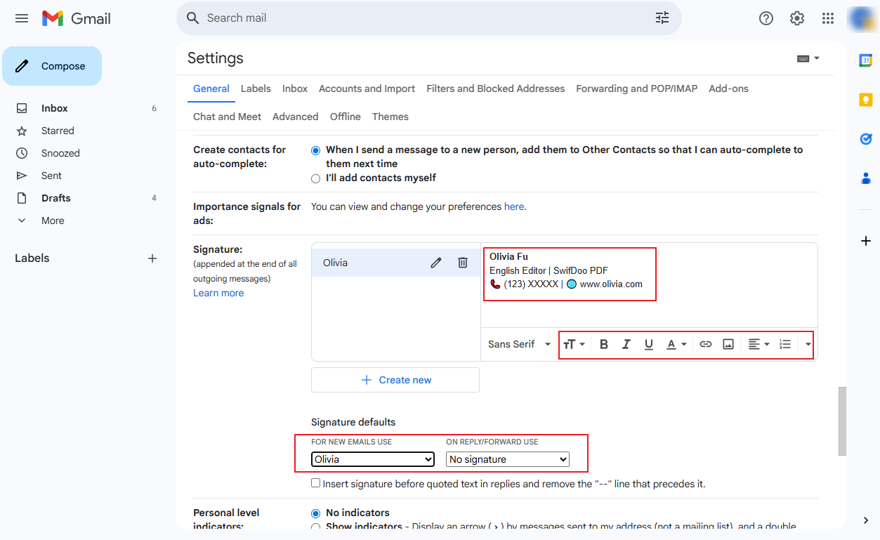 Personalize the signature in Gmail