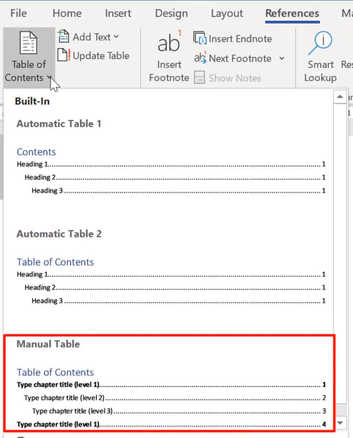 Create a table of contents in Word manually