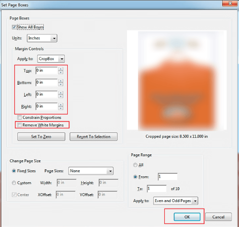 Crop a PDF in the Set Page Boxes window of Adobe Acrobat Pro