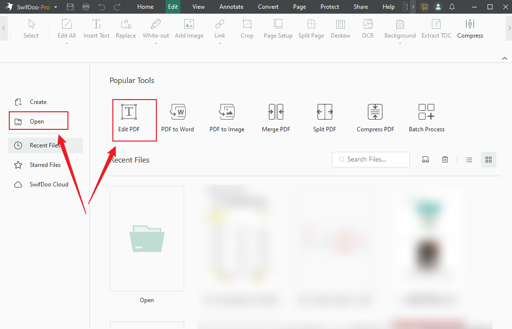 Click Open or Edit PDF to import the target PDF to crop in SwifDoo PDF