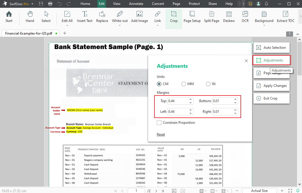 Click Adjustments to crop the PDF page in SwifDoo PDF
