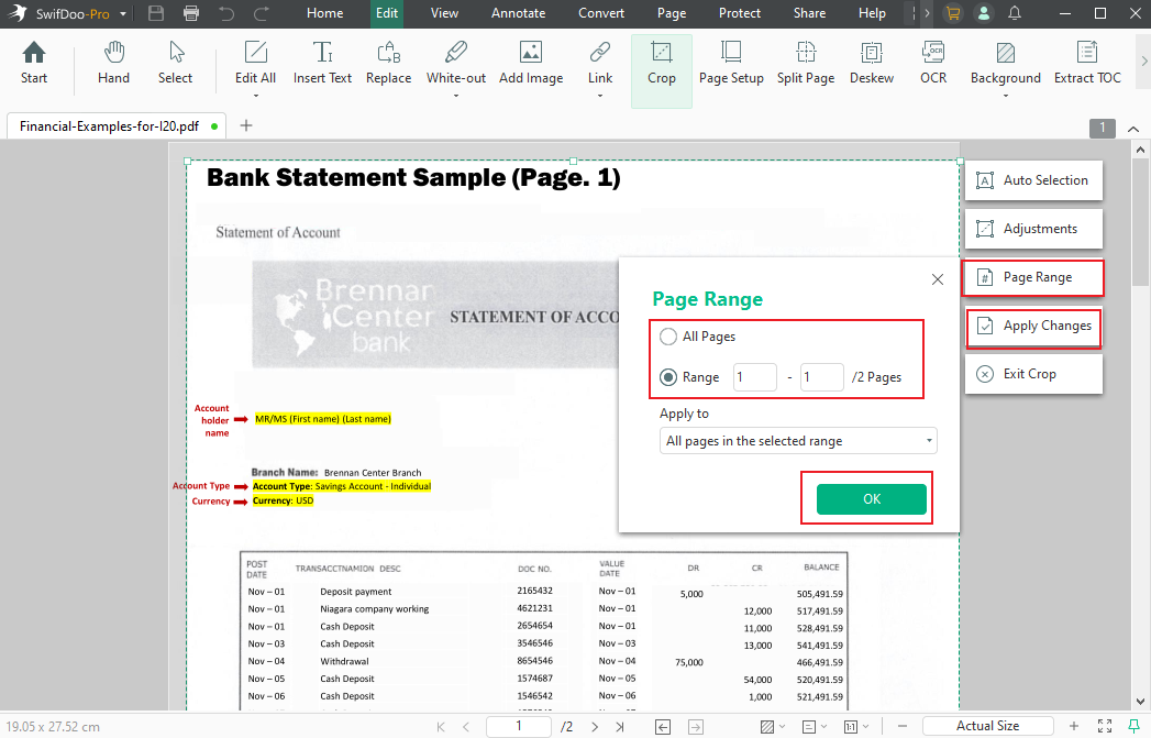Select the PDF page you want to crop and click Apply Changes in SwifDoo PDF