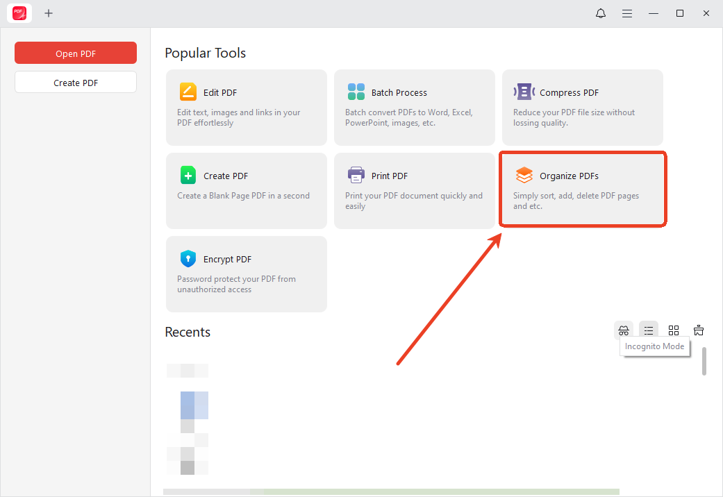 Click Organize PDFs to import the PDF you want to crop in JOPDF