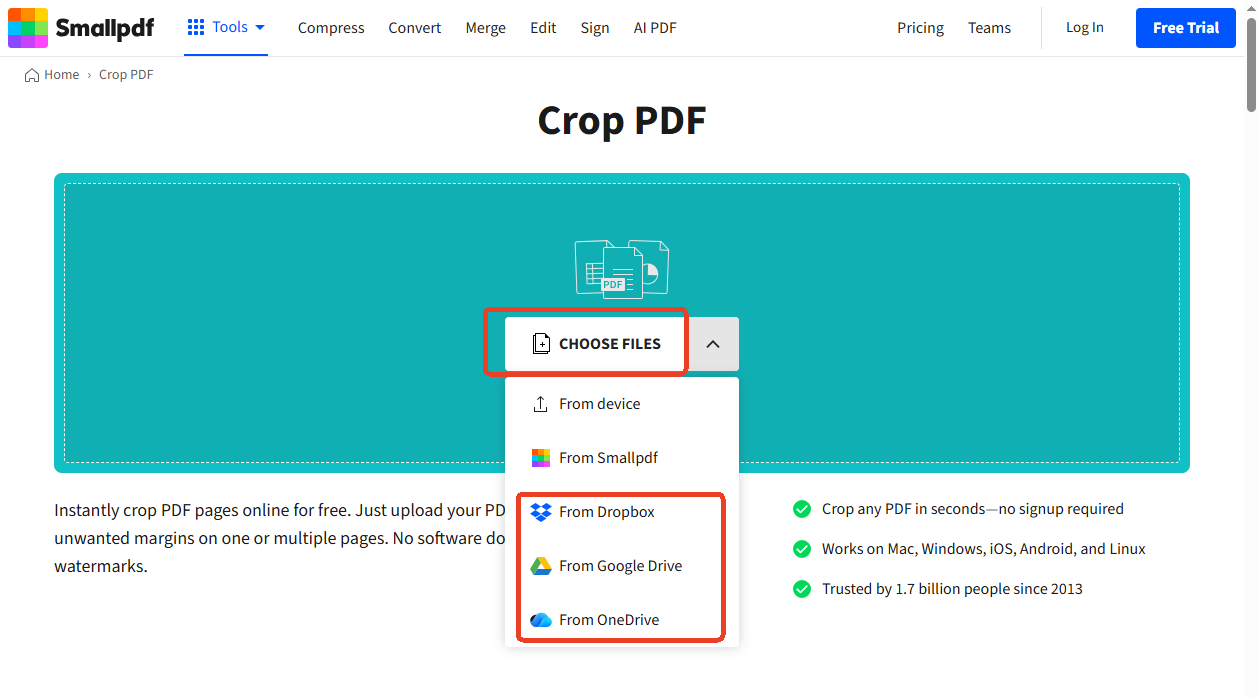 Click CHOOSE FILES to upload the PDF you want to crop in Smallpdf