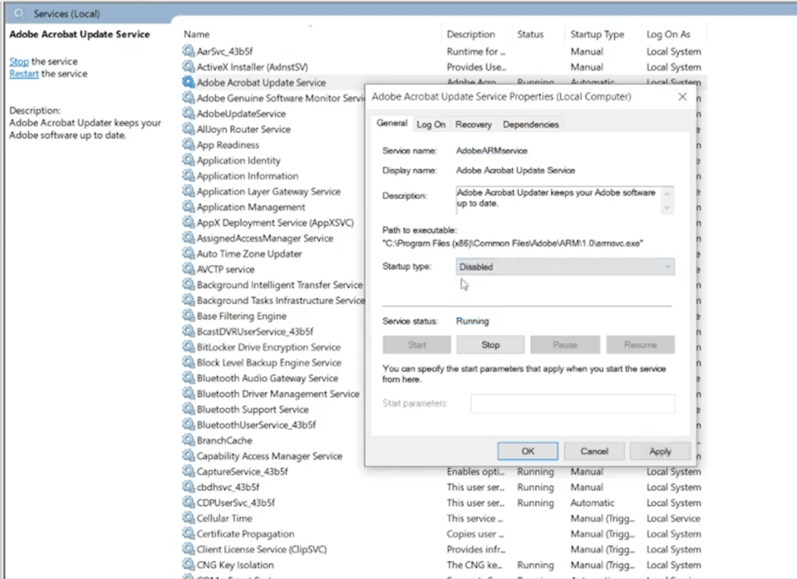 Disable the Adobe Acrobat Update Service