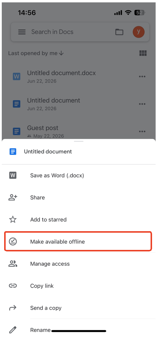 Make Available Offline menu google doc app