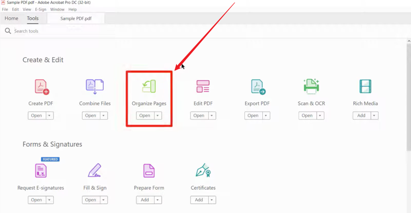 Click the Organize Pages option in Adobe Acrobat