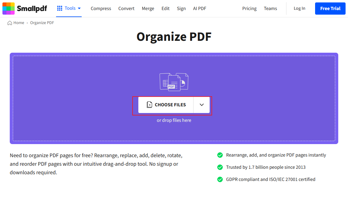 Click CHOOSE FILES to upload the target PDF file into Smallpdf