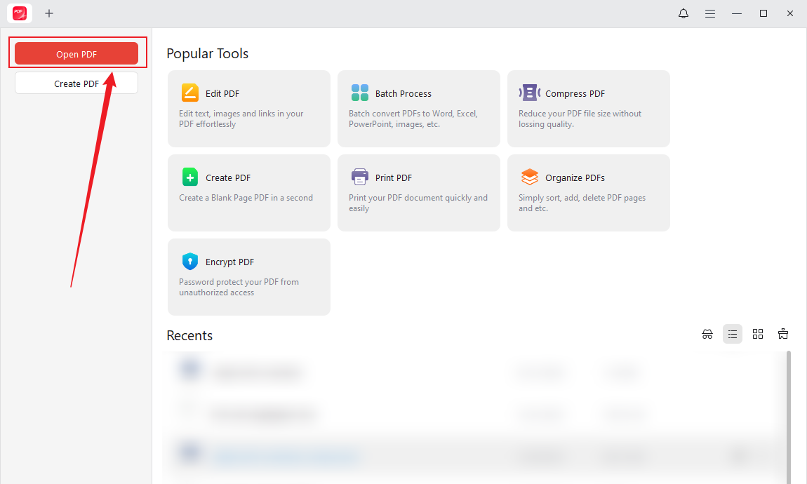 Click Open PDF to import your PDF file into JOPDF