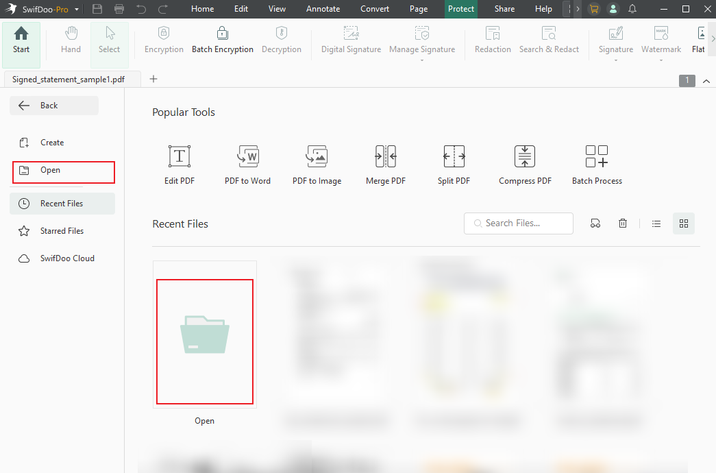 Click Open to upload the target PDF into SwifDoo PDF