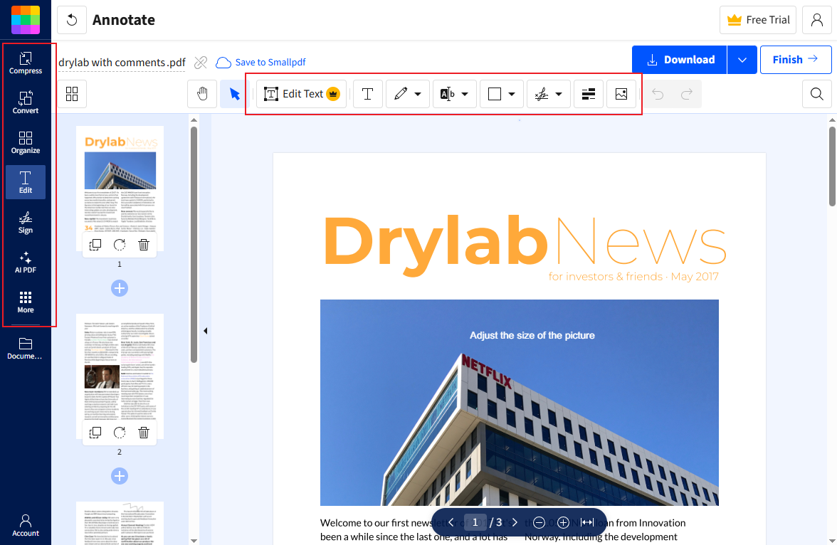 Edit the PDF in Smallpdf