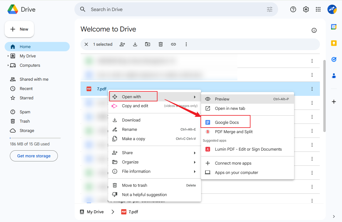 Right-click on the PDF and choose to open it with Google Docs