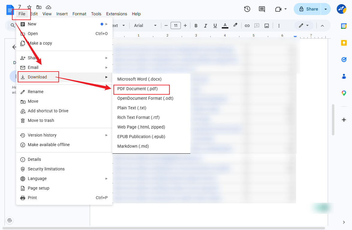 Click File and choose the PDF Document (.pdf) option in Google Docs