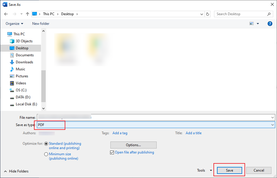 Set PDF as the output format and click Save in the Save As window of Microsoft Word