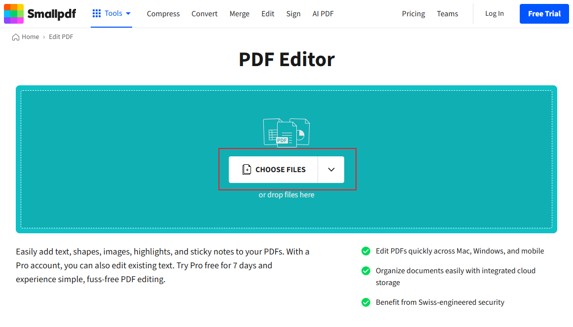 Click CHOOSE FILES to upload the target PDF into Smallpdf