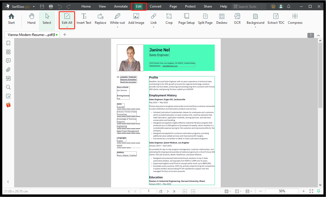 how to edit resume in PDF with SwifDoo PDF editor 2