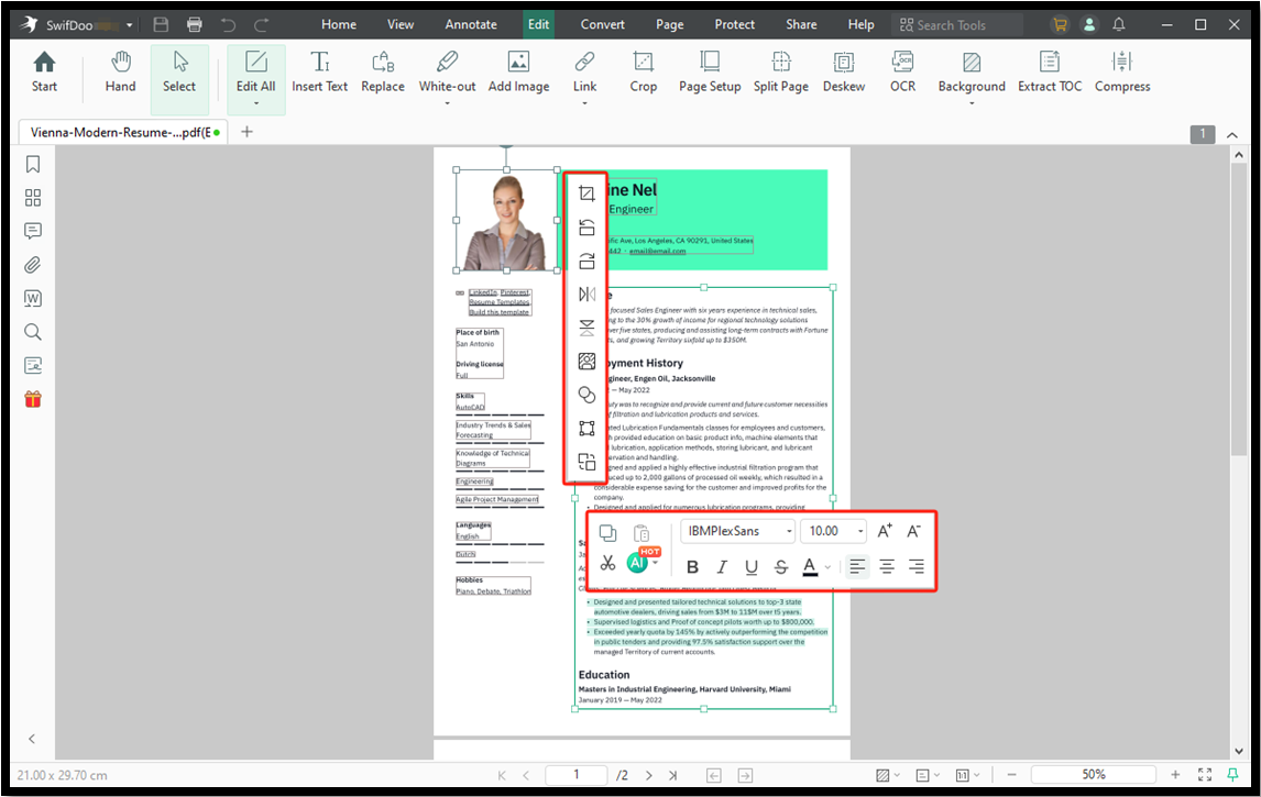 how to edit resume in PDF with SwifDoo PDF editor 3