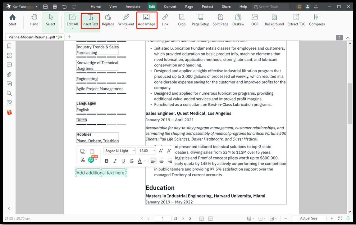 how to edit resume in PDF with SwifDoo PDF editor 4