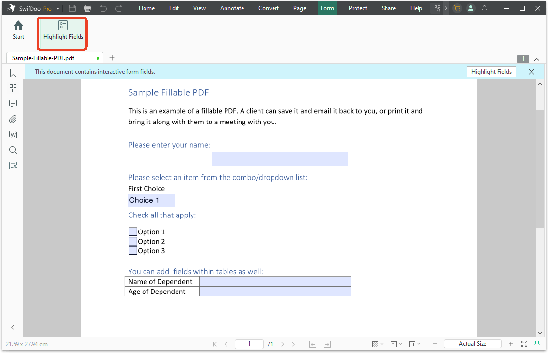 type in fillable fields