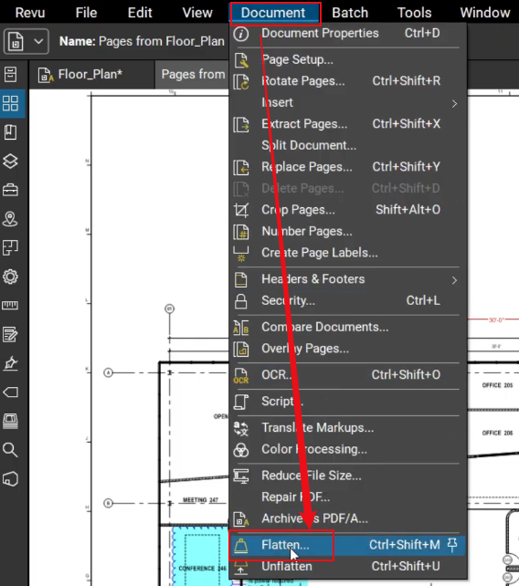 Click Document and select Flatten in Bluebeam