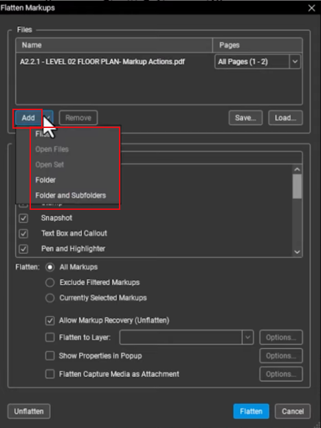 Click Add and select a needed option from the list in Bluebeam