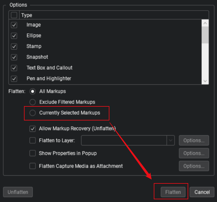 Select the Currently Selected Markups option and click Flatten in Bluebeam